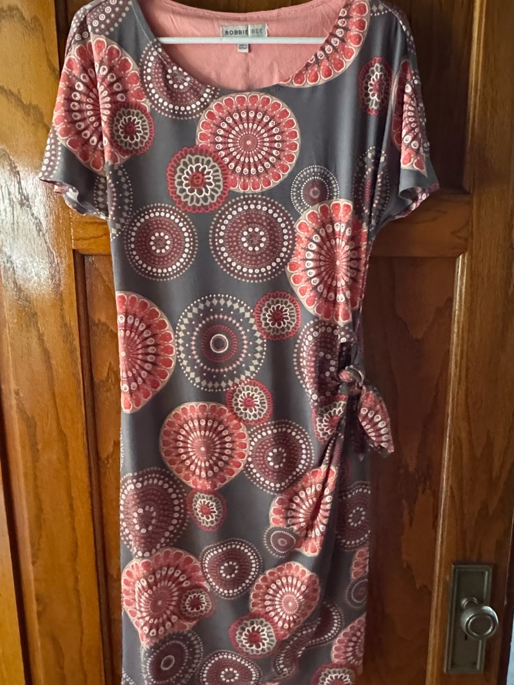 Robbie Bee Gray Midi Dress with Coral Circular Print and Side Tie